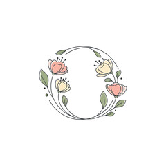 Delicate floral wreath illustration with pastel flowers and leaves forming a circular frame.