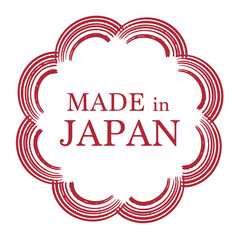 墨で描いた花模様のフレーム。和風テイストの日本製を示すマーク。A sticker icon indicating that the product is made in Japan