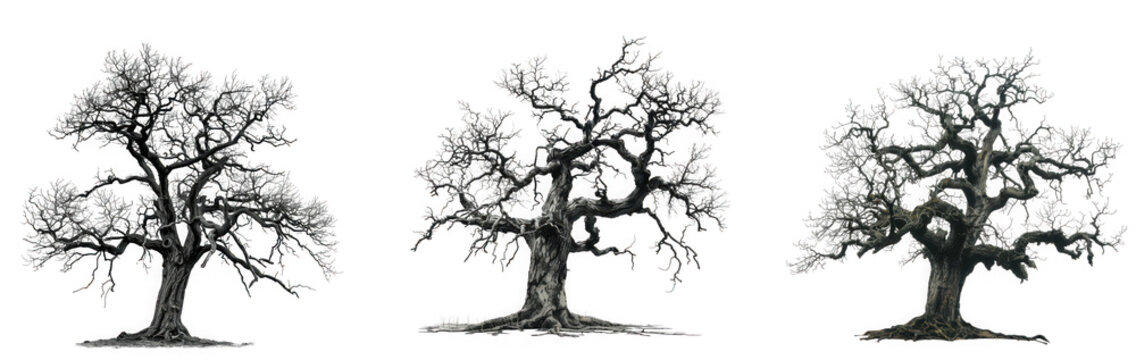 Three detailed ink drawings of bare oak trees in winter, isolated on transparent background