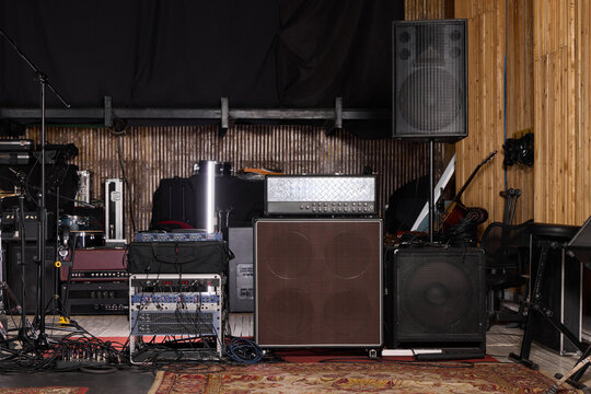 Musical equipment setup in a recording studio for a live session