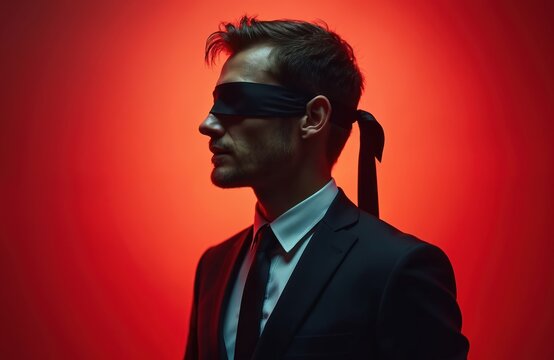 Young man in suit wearing blindfold stands in profile against red backdrop. Person anonymous. Image control, mystery, power. Conceptual style studio shot. Suitable for politics finance ads. - Powered by Adobe