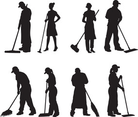 Obraz premium Silhouettes of cleaning staff with brooms and mops