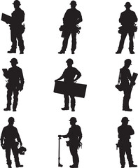 Silhouettes of construction workers with blueprints and tools