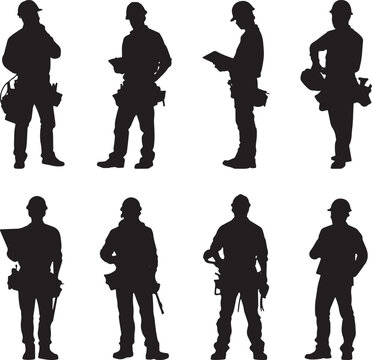Silhouettes of construction professionals with plans and tools