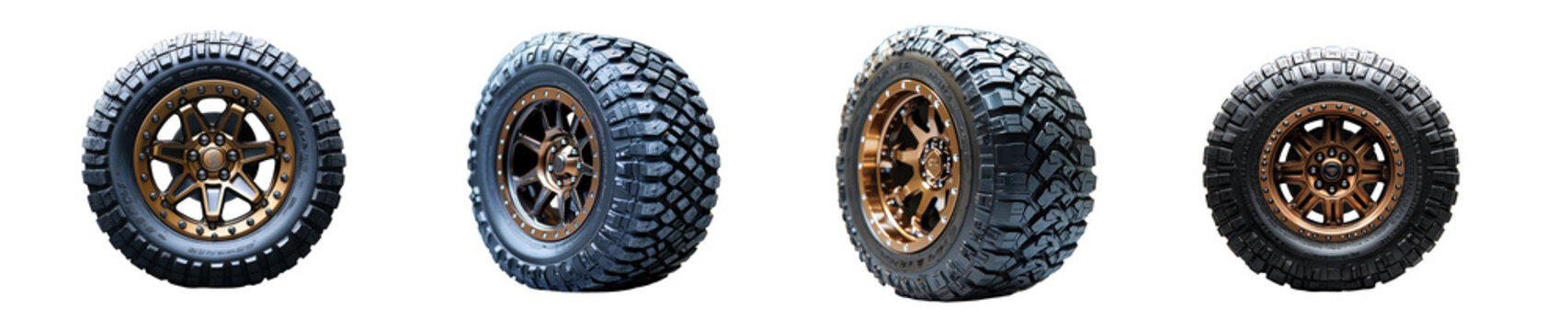 Set of four offroad tires with bronze rims, isolated on transparent background
