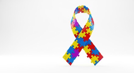 Colorful puzzle piece ribbon, the symbol for Autism Awareness, isolated on a white background with copy space. 3D render.