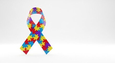 Autism spectrum awareness ribbon made of interlocking puzzle pieces, a 3D symbol of neurodiversity, isolated on white.