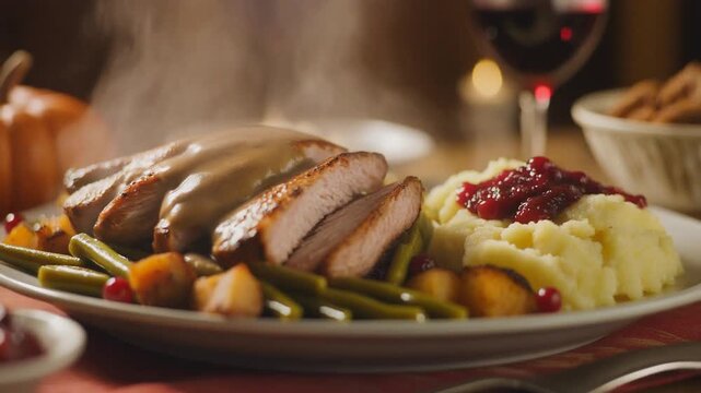 Thanksgiving Turkey and Gravy Served with Sides