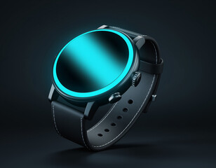 Close-up of a dark circular smartwatch with a leather band, featuring a bright, futuristic cyan screen glow against a deep, dramatic matte black background.