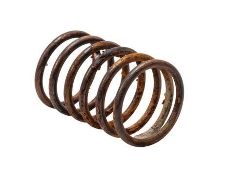 A rusty, coiled metal spring isolated on a black background, showing weathering