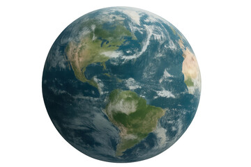 Earth globe orbiting in space showing continents, oceans, and clouds on transparent background, global environment concept