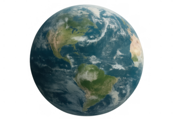 Earth globe orbiting in space showing continents, oceans, and clouds on transparent background, global environment concept