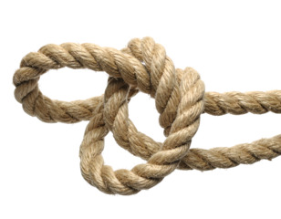 Close-up of a tightly knotted rope, isolated on a black background, with texture