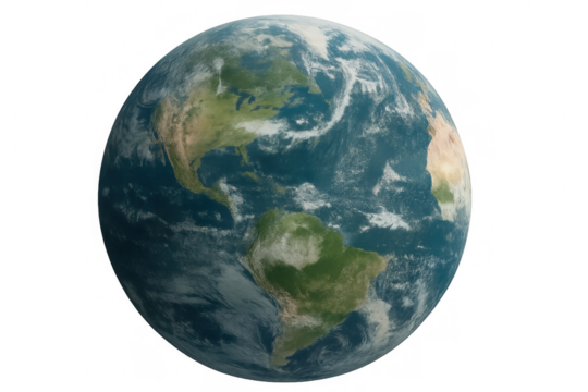 Earth globe orbiting in space showing continents, oceans, and clouds on transparent background, global environment concept - Powered by Adobe