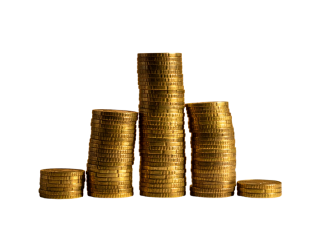 Golden coins stacked in varied columns against a black background - Powered by Adobe