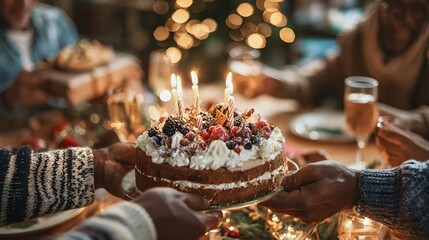 Team lifting new year cake decorated with candles celebration