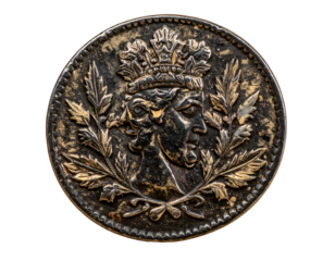 Aged, metallic coin with crowned bust encircled by laurel leaves on a dark background