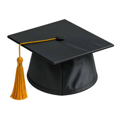 A black square mortarboard with a gold tassel, isolated on a black background