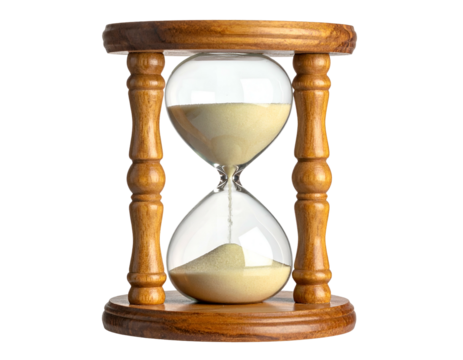 Sand trickles through a glass hourglass in a wood frame, signifying passing time