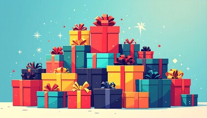 Vibrant and colorful stack of wrapped presents with ribbons  Illustration of a festive pile of gifts overflowing with joy and surprises
