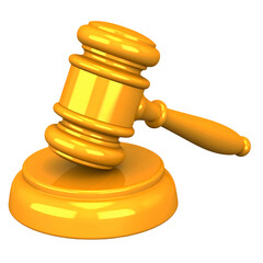 3D rendering of a golden gavel on a circular base, isolated on a black background