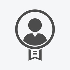 Dark gray emblem shows faceless person inside a circle with an abstract ribbon