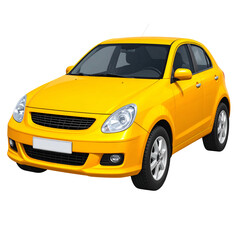 Obraz premium Bright yellow compact car with clear headlights and dark tires, on a transparent background