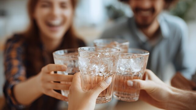 Employees clinking glasses non alcoholic drinks clean background
