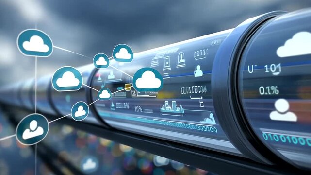 Cyber pipeline with cloud computing icons and network connections; technology concept