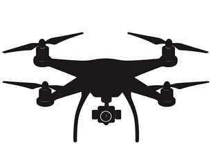 Black silhouette of a quadcopter drone featuring camera below, and rotors at each corner