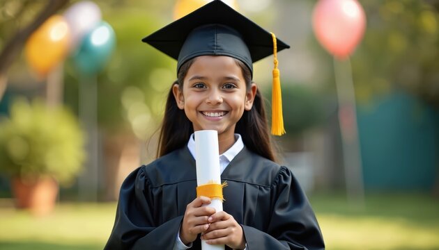 Happy girl celebrates graduation. Young Latina student wears cap gown. She holds diploma scroll smiling. Education achievement success concept. Festive ceremony portrait photo.