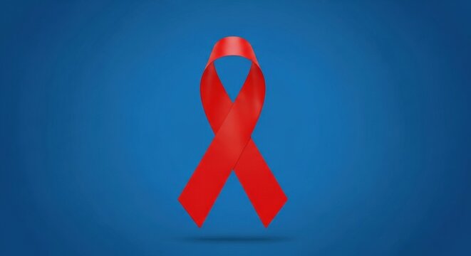 A clean 3D illustration of a red awareness ribbon (HIV/AIDS) isolated on a blue gradient background, symbolizing support and solidarity.