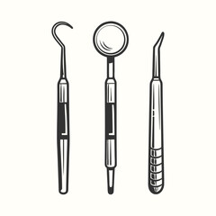 Dental instruments including a probe, mirror, and curette are presented in detailed monochrome view