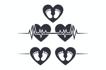 Black hearts are featuring small baby footprints and lifeline on a white background