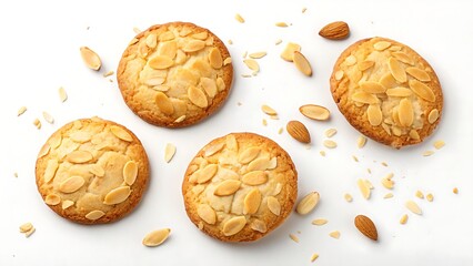 Golden almond flake cookies isolated on white background, top view, ideal for bakery, dessert, or food packaging design.
