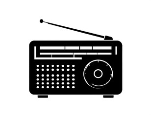 Black silhouette of a vintage radio receiver with an antenna on a white background