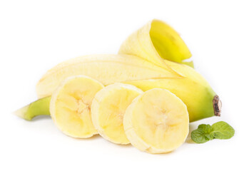 Fresh Ripe Bananas Sliced with Mint Leaf on White Background