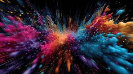 Explosive colorful particle burst digital art abstract design vibrant environment dynamic viewpoint