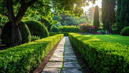 Stone Pathway Through Lush Green Hedge Maze Garden With Sunlight Filtering Through Trees