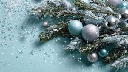 Holiday decorations with ornaments on snowy pine festive background still life cozy atmosphere aesthetic viewpoint