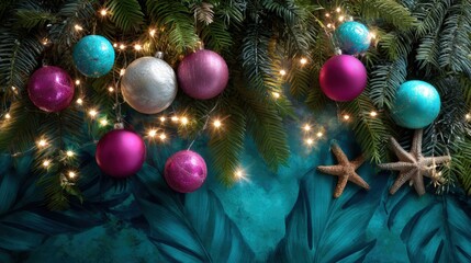 Festive holiday decorations with ornaments and lights cozy home atmosphere winter season aesthetic viewpoint