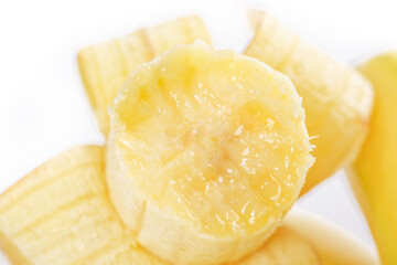Fresh Hainan Emperor Banana Slices Close-up on White Background