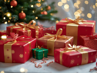 Obraz premium A festive display of beautifully wrapped Christmas gifts with golden ribbons, nestled on a table with candy canes, capturing the warm spirit of the holiday season and joyful celebrations