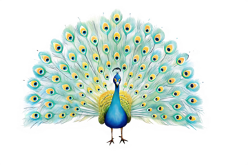 Blue peacock displaying fanned tail feathers on background Keywords: peacock, blue peacock isolated on a transparent background