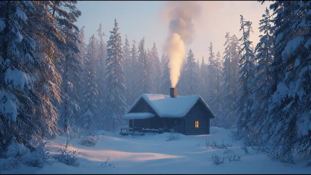 Warmth in the Wilderness: Isolated Log Cabin in Snow-Covered Forest at Golden Hour