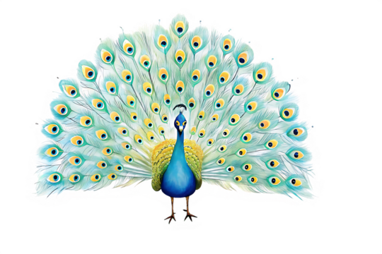Blue peacock displaying fanned tail feathers on background Keywords: peacock, blue peacock isolated on a transparent background