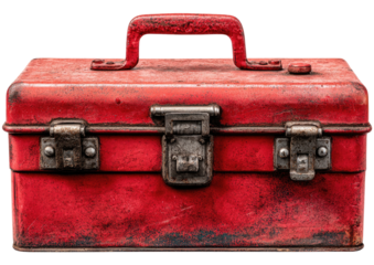 Worn red toolbox with metal latch, vintage style