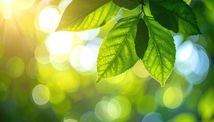 Sunlight filters through vibrant green leaves creating a bokeh effect with water droplets glistening on the foliage on a bright day
