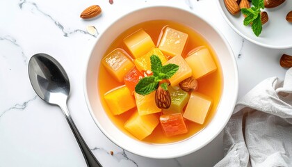 Sweetened Fruit Jelly Cubes in Light Syrup with Mint Garnish and Almonds