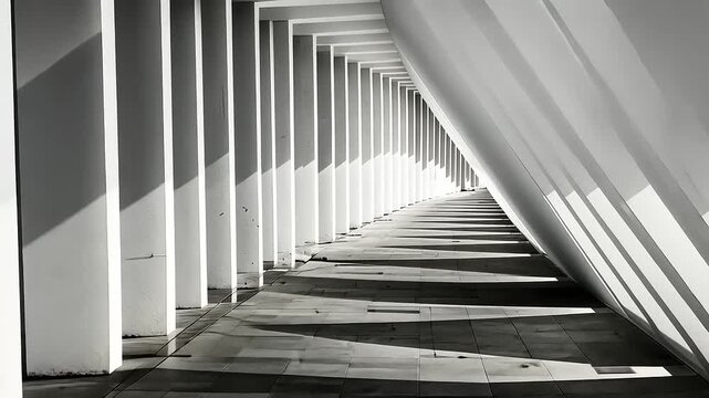 Architectural Corridor with Dynamic Shadows in Elegant Black and White Minimalist Design